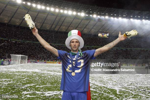 Marco Materazzi of Italy celebrates after the World Cup 2006 final football game Italy vs.France, 09 July 2006 at Berlin stadium. Italy won the 2006...