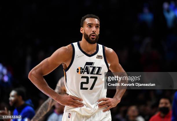 Rudy Gobert of the Utah Jazz reacts after getting called for a fifth foul against the Los Angeles Clippers during the second half at Crypto.com Arena...