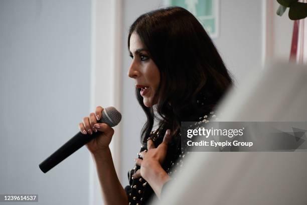 Mexican singer Maria Leon, speaks during a press conference to promote her Alquimia Tour at La Maraka Show Center. On March 29, 2022 in Mexico City,...
