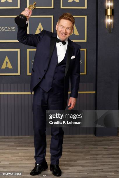 Kenneth Branagh, winner of the Oscar for Original Screenplay for 'Belfast', poses in the press room during the 94th Annual Academy Awards at...