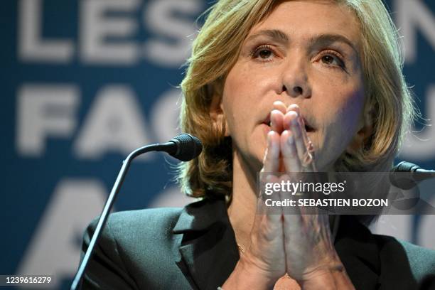 French conservative party Les Republicains presidential candidate Valerie Pecresse addresses a congress of French main farmers union FNSEA on March...