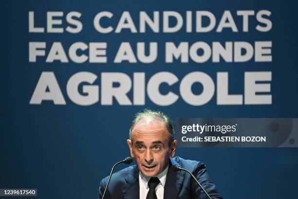 French far-right party Reconquete! presidential candidate Eric Zemmour addresses a congress of French main farmers union FNSEA on March 30, 2022 in...