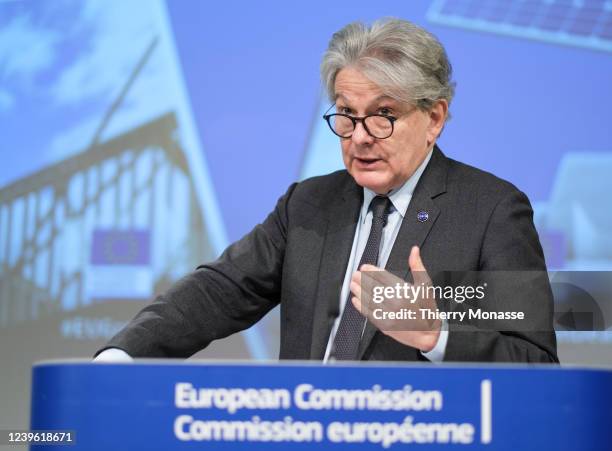 Commissioner for Internal Market Thierry Breton talks to the media during a press briefing in the Berlaymont, the EU Commission headquarter on March...