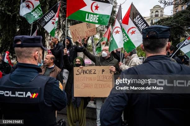 Members of the Saharawi community and supporters are seen with flags and placards during a demonstration in front of the Congress of Deputies where...