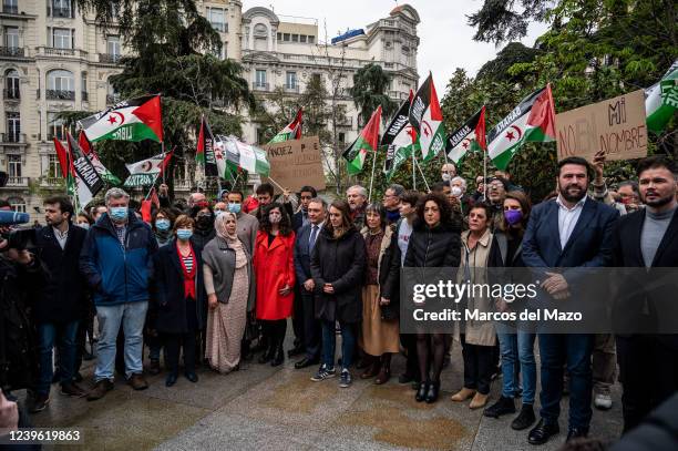 Members of parliamentary groups from Unidas Podemos and Esquerra Republicana are seen giving support during a demonstration where the Saharawi...