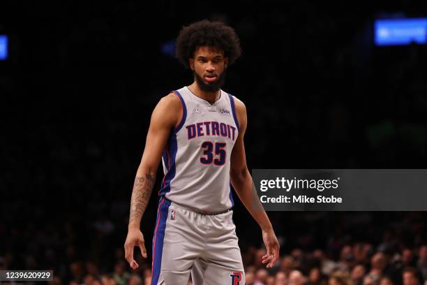 Marvin Bagley III of the Detroit Pistons in action against the Brooklyn Nets at Barclays Center on March 29, 2022 in New York City. NOTE TO USER:...