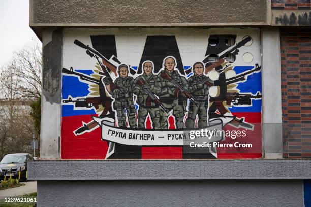 Mural praises the Russian Wagner group and its mercenaries fighting in Ukraine on March 30, 2022 in Belgrade, Serbia. Serbian foreign policy attempts...