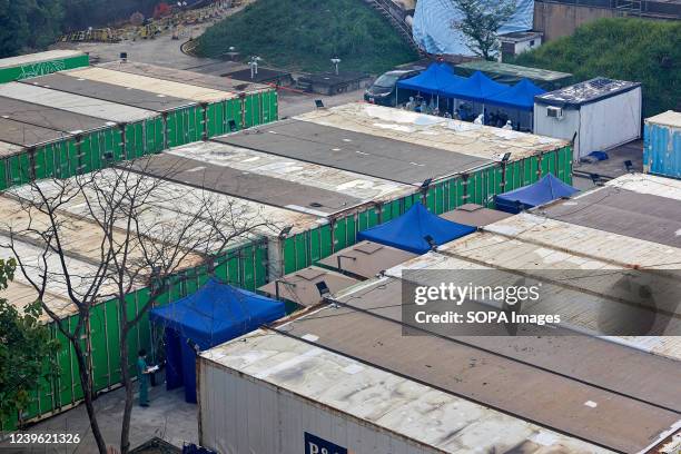 Overview of the refrigerated containers where the bodies of people who died of covid-19 are stored at the Fu Shan public morgue in Hong Kong. Hong...