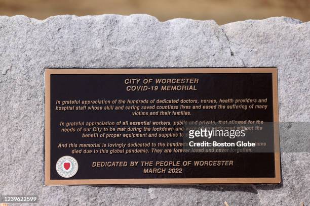 Worcester, MA The plaque is seen on Worcesters COVID-19 memorial at Elm Park in Worcester, MA on March 29, 2022.
