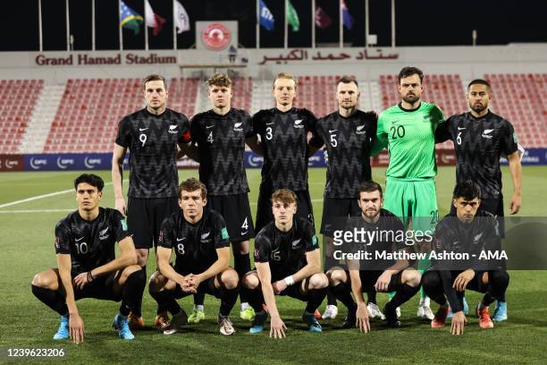 Players of New Zealand pose for a team photo during the 2022 FIFA World Cup Oceania Qualifier Final match between Solomon Islands and New Zealand at...