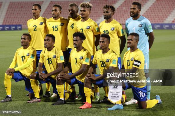 Players of Solomon Islands pose for a team photo during the 2022 FIFA World Cup Oceania Qualifier Final match between Solomon Islands and New Zealand...