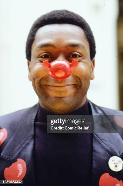 Lenny Henry portrait with Red Nose for Red Nose Day 1991 in 1991 in England.