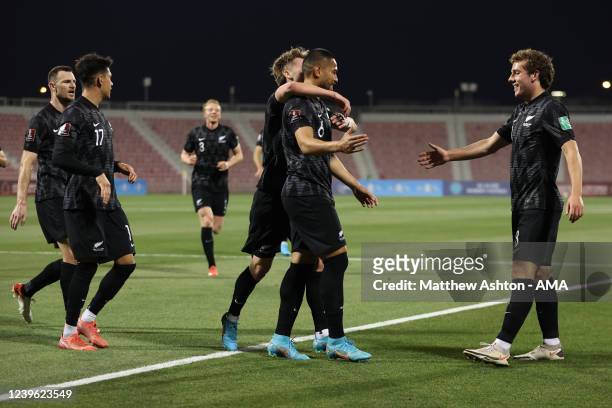 Bill Tuiloma of New Zealand celebrates after scoring a goal to make it 0-1 during the 2022 FIFA World Cup Oceania Qualifier Final match between...