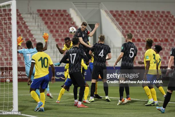Bill Tuiloma of New Zealand scores a goal to make it 0-1 during the 2022 FIFA World Cup Oceania Qualifier Final match between Solomon Islands and New...