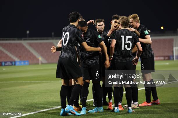 Bill Tuiloma of New Zealand celebrates after scoring a goal to make it 0-1 during the 2022 FIFA World Cup Oceania Qualifier Final match between...