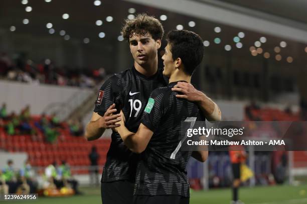 Matt Garbett of New Zealand celebrates after scoring a goal to make it 0-5 during the 2022 FIFA World Cup Oceania Qualifier Final match between...