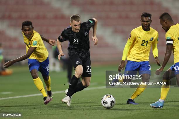 Niko Kirwan of New Zealand during the 2022 FIFA World Cup Oceania Qualifier Final match between Solomon Islands and New Zealand at Grand Hamad...