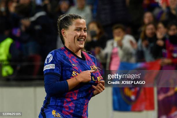 Barcelona's Spanish forward Claudia Pina celebrates after scoring a goal during the women's UEFA Champions League quarter final second leg football...