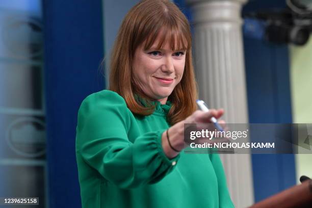 White House Director of Communications Kate Bedingfield speaks during a briefing in the James S. Brady Press Briefing Room of the White House in...