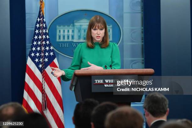 White House Director of Communications Kate Bedingfield speaks during a briefing in the James S. Brady Press Briefing Room of the White House in...