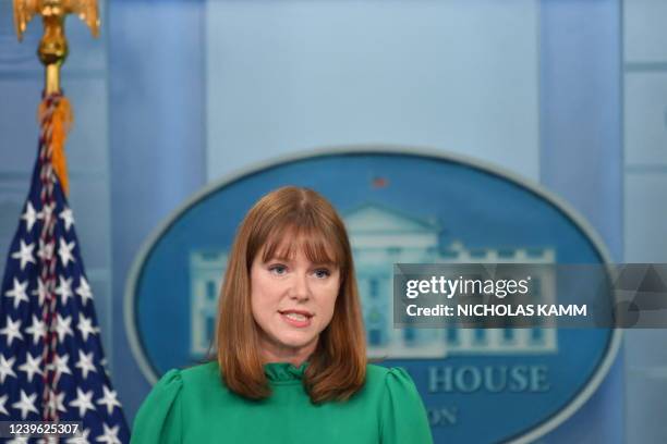 White House Director of Communications Kate Bedingfield speaks during a briefing in the James S. Brady Press Briefing Room of the White House in...