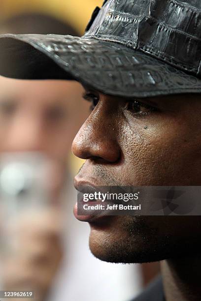 Floyd Mayweather speaks to the media prior to his workout training session at his gym on September 6, 2011 in Las Vegas, Nevada.
