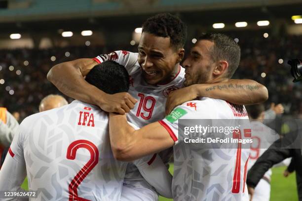 Players of Tunisia celebrate after beating the team Mali at the end of the second leg of the FIFA World Cup African Qualifiers 3rd round match...