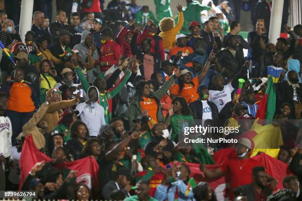 Cameroonian fans cheer during the FIFA Africa World Cup Qatar 2022 qualifying match between Algeria and Cameroon at Mustapha Tchaker stadium in...