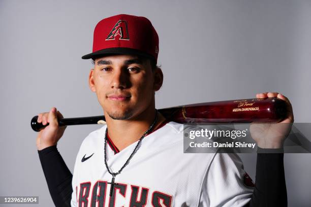 Alek Thomas of the Arizona Diamondbacks poses for a photo during the Arizona Diamondbacks Photo Day at Salt River Fields at Talking Stick on Monday,...