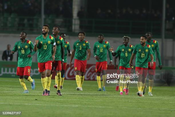 Cameroon players celebrate after scoring a goal during the FIFA Africa World Cup Qatar 2022 Qualifiers match between Algeria and Cameroon at Mustapha...