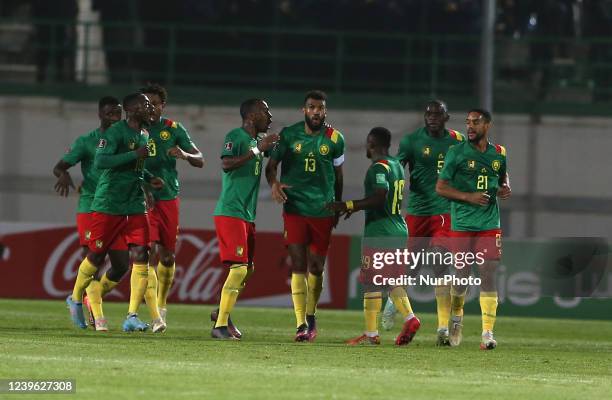 Cameroon players celebrate after scoring a goal during the FIFA Africa World Cup Qatar 2022 Qualifiers match between Algeria and Cameroon at Mustapha...