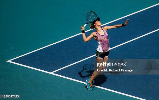 Laura Siegemund of Germany in action during her quarter final doubles match with partner Vera Zvonareva of Russia against Sara Sorribes Tormo of...