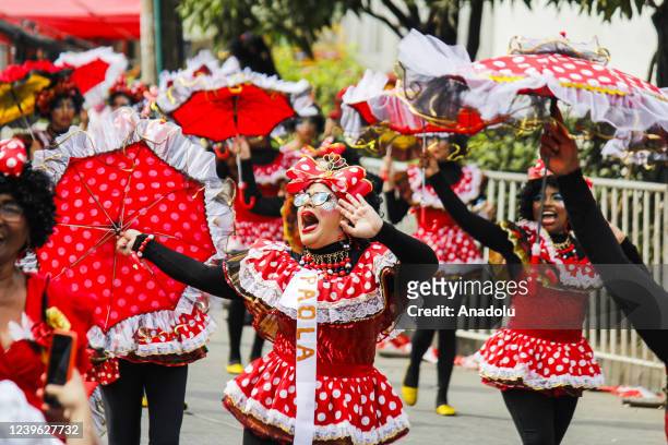 People wearing costumes take part in Barranquilla Carnival in Barranquilla, Colombia on March 27, 2022. Folk festival, "Masterpiece of the Oral and...