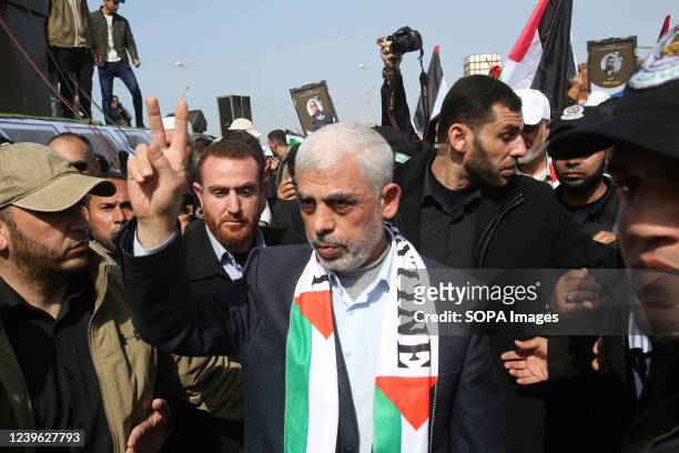 Yahya Al-Sinwar chief of Hamas Gaza strip takes part during the event in the Gaza seaport west of Gaza City. Palestinians rally marking the 46th...