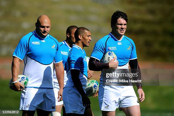 Springboks Francois Louw, Gio Aplon and CJ van der Linde look on during a South Africa IRB Rugby World Cup 2011 training session at Rugby League Park...