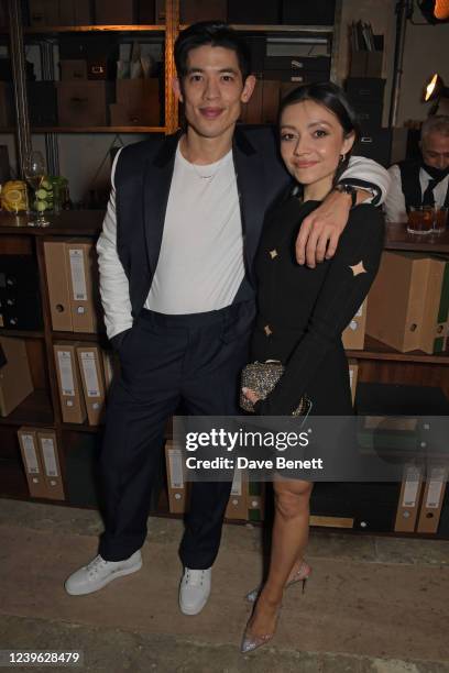 Christopher Chung and Frances Mayli McCann attend the premiere post celebration of "Slow Horses" at 14 Cavendish Square on March 30, 2022 in London,...