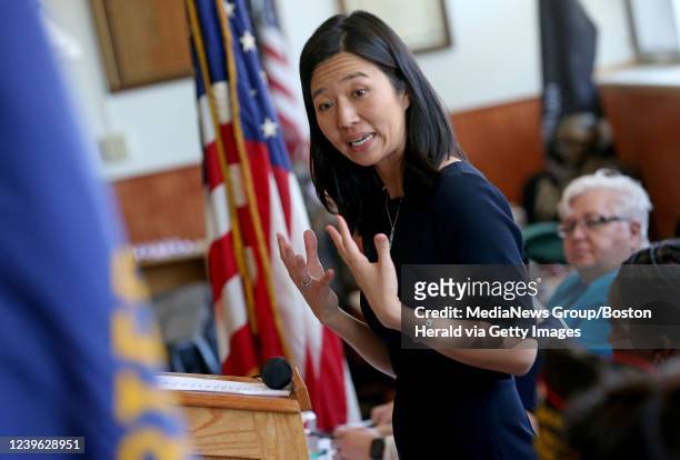 March 29: Mayor Michelle Wu speaks during the Office of Veterans Services, Women Veterans Roundtable at William E. Carter American Legion Post 16 in...