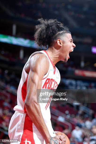 Jalen Green of the Houston Rockets celebrates during the game against the Sacramento Kings on March 30, 2022 at the Toyota Center in Houston, Texas....