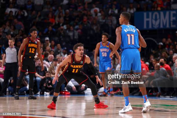 Trae Young of the Atlanta Hawks plays defense during the game against the Oklahoma City Thunder on March 30, 2022 at Paycom Arena in Oklahoma City,...
