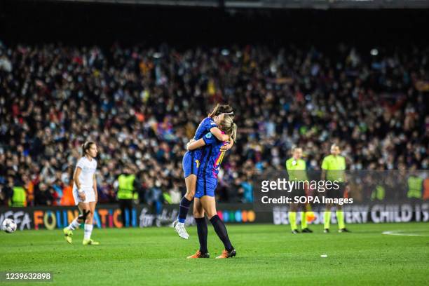 Aitana Bonmati and Fridolina Rolfo of FC Barcelona celebrate victory after the UEFA Women's Champions League match between FC Barcelona Femeni and...