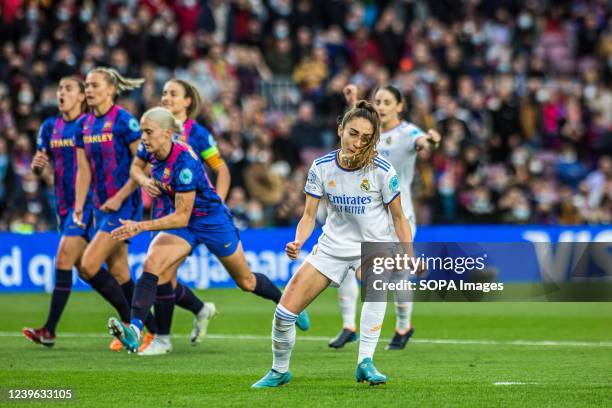 Olga Carmona of Real Madrid of Real Madrid celebrates a goal during the UEFA Women's Champions League match between FC Barcelona Femeni and Real...