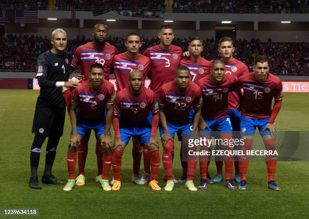 Costa Rica's players pose before their FIFA World Cup Qatar 2022 Concacaf qualifier match against the USA at the National Stadium in San Jose, on...