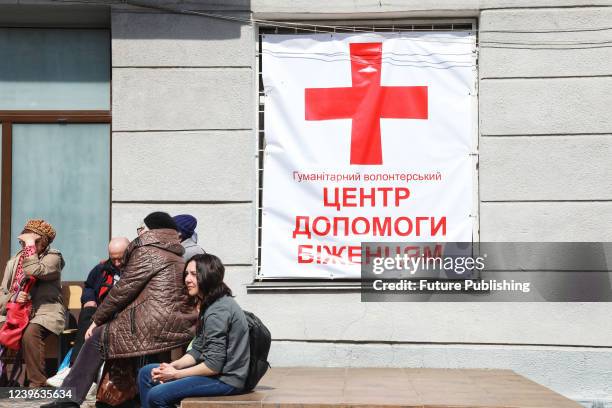 Red cross marks a building housing the humanitarian centre for internally displaced persons run by volunteers, Odesa, southern Ukraine.