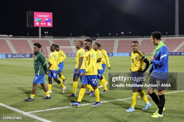 Dejected players of Solomon Islands walk off at full time after failing to qualify for the Qatar World Cup 2022 during the 2022 FIFA World Cup...