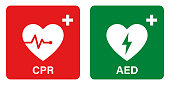 AED vector icon. Emergency defibrillator sign or icon. AED AID CPR. Vector green red isolated icon CPR.