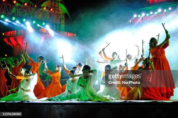 Rajasthani folk artists perform during the 73rd Rajasthan Foundation Day celebration at Albert Hall , in Jaipur, Rajasthan, India, March 30,2022.