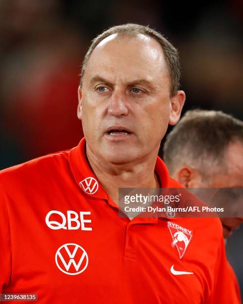 John Longmire, Senior Coach of the Swans looks on during the 2022 AFL Round 03 match between the Western Bulldogs and the Sydney Swans at Marvel...