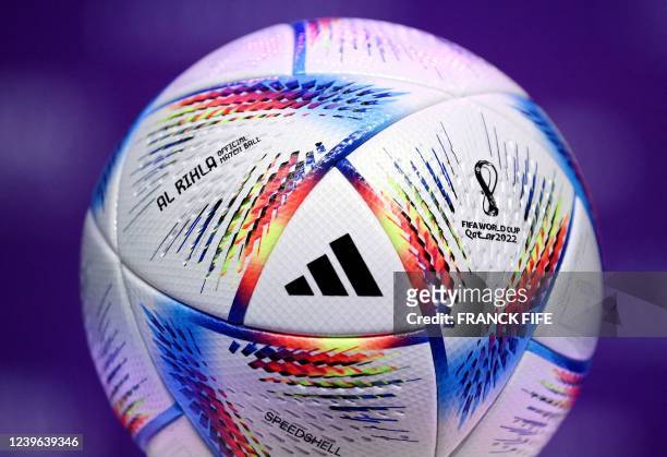 Picture taken on March 31, 2022 shows Al Rihla -- which means "the journey" in Arabic -- the official match ball for the FIFA World Cup Qatar 2022,...