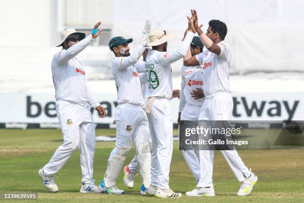 Syed Khaled Ahmed of Bangladesh celebrates the wicket of Dean Elgar, captain of South Africa during day 1 of the 1st ICC WTC2 Betway Test match...