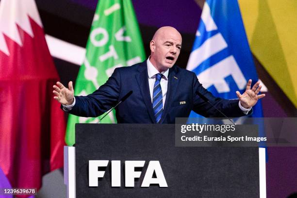 President Gianni Infantino talks during the 72nd FIFA Congress on March 31, 2022 at Doha Exhibition and Convention Center in Doha, Qatar.